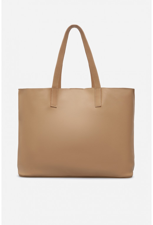 Beige leather shopper bag /silver/