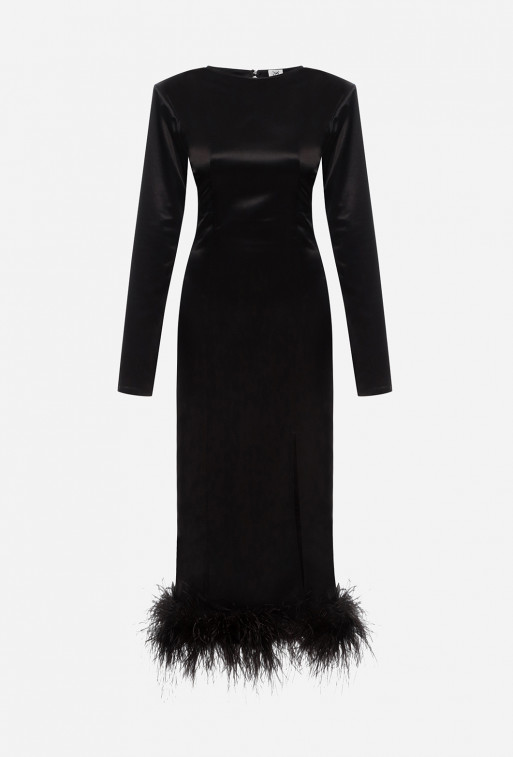 Black midi dress with feathers