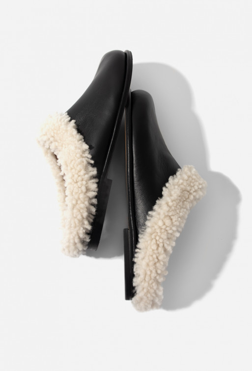 Dinah black leather mules with natural fur