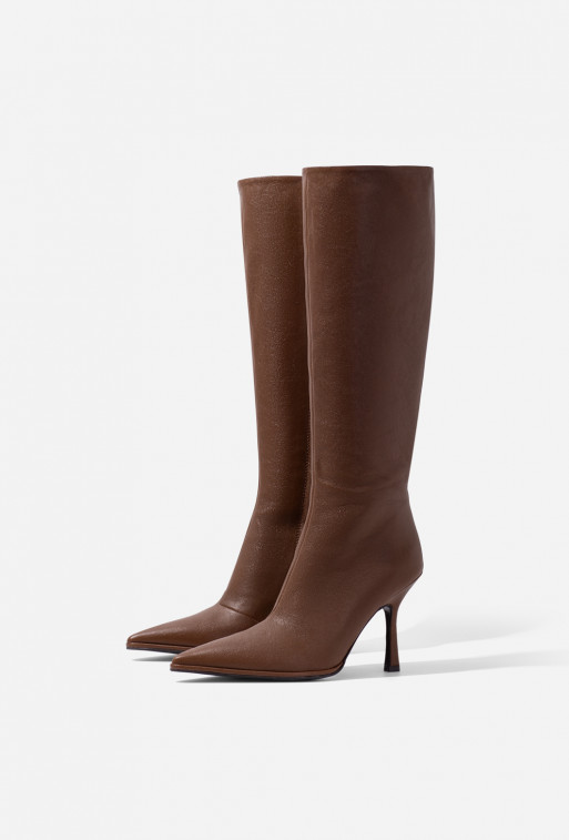 Jessica brown leather knee boots with a zipper