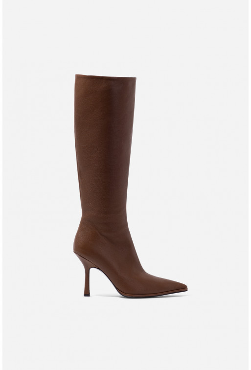 Jessica brown leather knee boots with a zipper