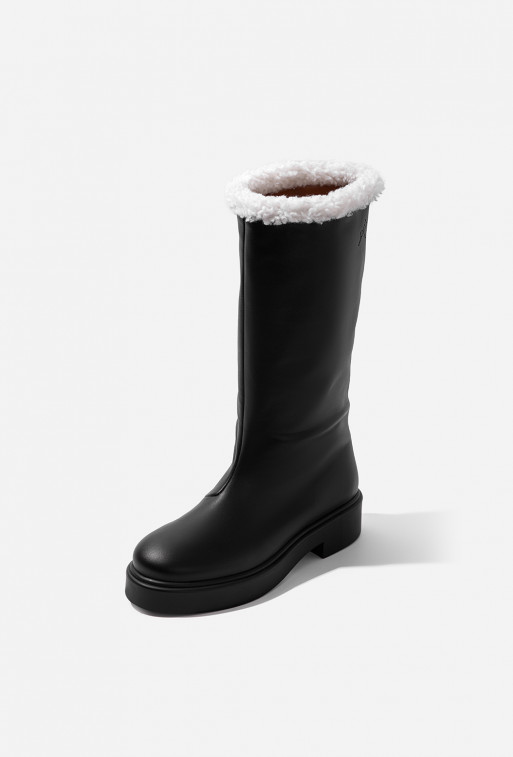 Shally fur black leather knee boots