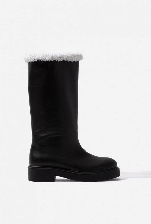 Shally fur black leather knee boots