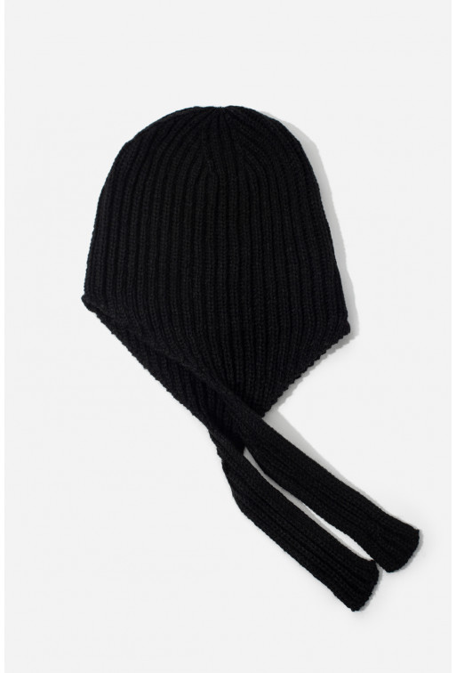 Black knitted hat with ties
