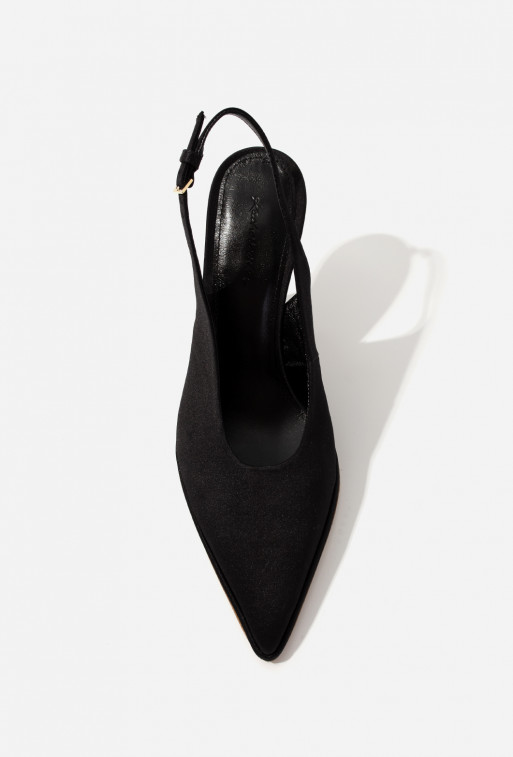 Roomy black satin slingback shoes