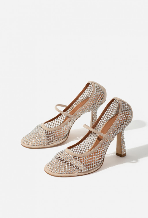 Jerry light beige suede leather with Swarovski crystals pumps