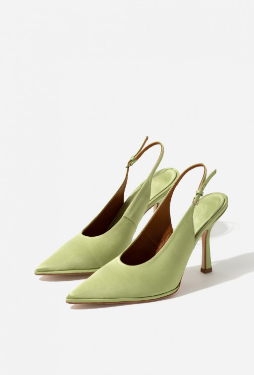 Roomy light green satin slingback shoes