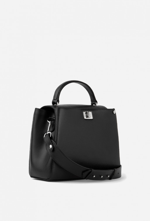 Erna black textured leather 
city bag /silver/